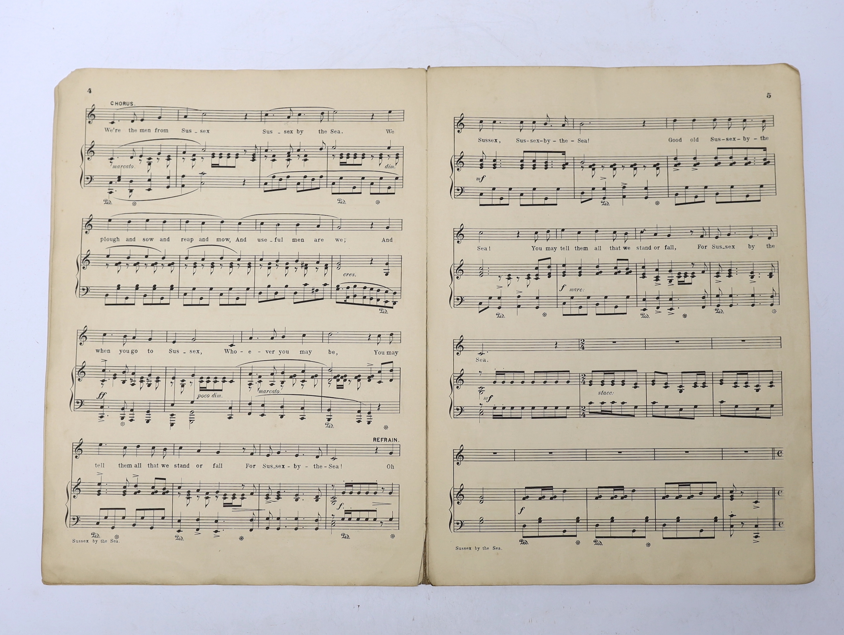 William Ward-Higgs, original sheet music to the County anthem of Sussex 'Sussex by the Sea', 1907. As sung by Brighton & Hove Albion football fans today & possibly marched to by the Albion team at the start of WW1
